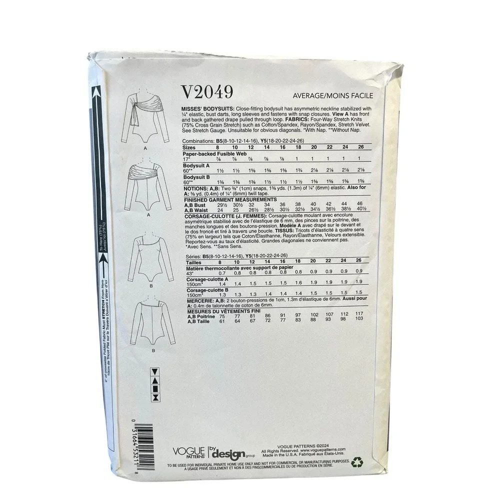 Vogue Patterns V2049 Bodysuit Tops Y5‎ (18-26) Modern Asymmetric Neckline